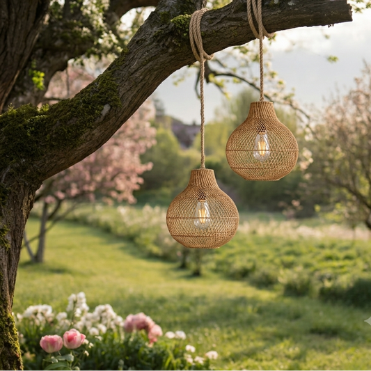 Two woven rattan hanging lights with bulbs on a mossy tree branch in a lush garden setting.