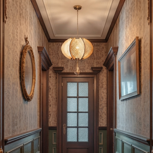 A corridor with a wooden door, patterned wallpaper, an ornate mirror, a framed picture, and a pendant light with a wicker-like shade.