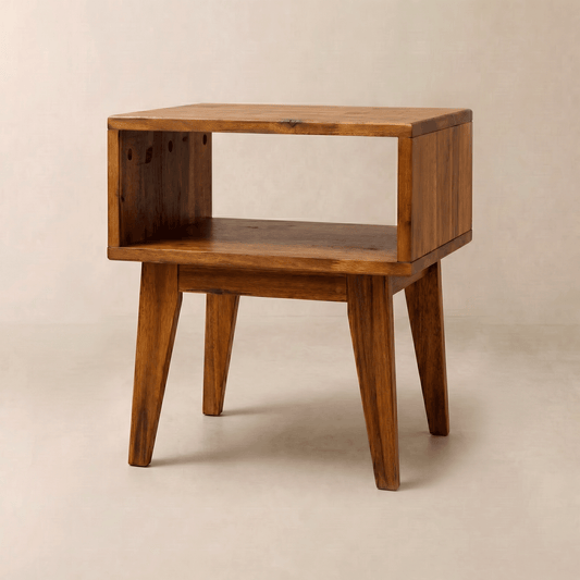 A rustic wooden nightstand with a natural finish and a square-shaped design.