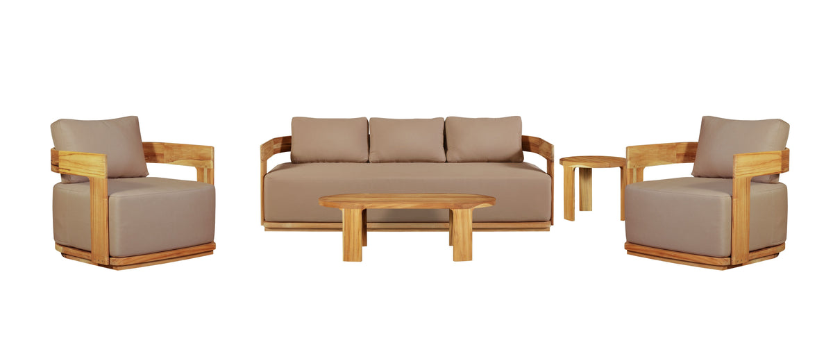 Solid Teak Lounge Set Sofa and Two Arm Chairs, teak and light brown, view 2