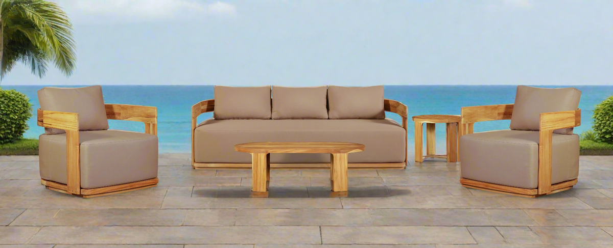 Solid Teak Lounge Set Sofa and Two Arm Chairs, teak and light brown