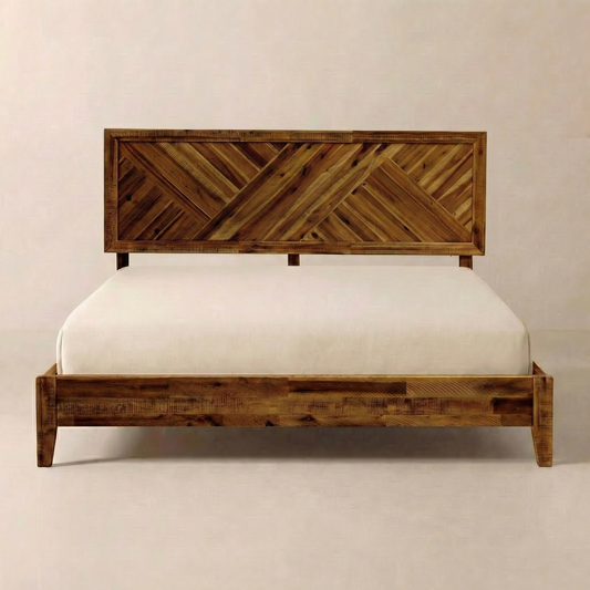 Reclaimed wood Sierra bed with chevron pattern and white mattress.