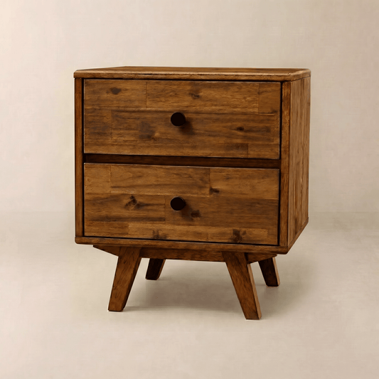 Dark brown solid wood nightstand with two drawers and simple black knobs, minimalist setting