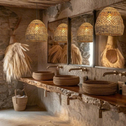 Three Seagrass Pendant Lights hanging over a wooden countertop with woven bowls and a stone backdrop in a rustic decor setting