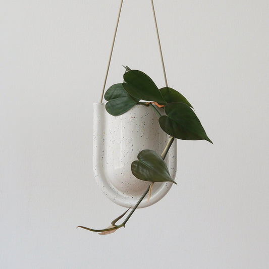 Speckled white hanging planter with green leaves and thin support cords.