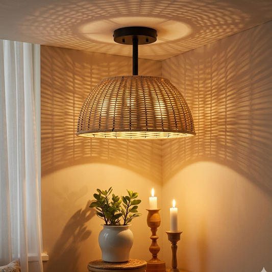 Woven rattan ceiling light casting shadows in a cozy space with plants and candles.