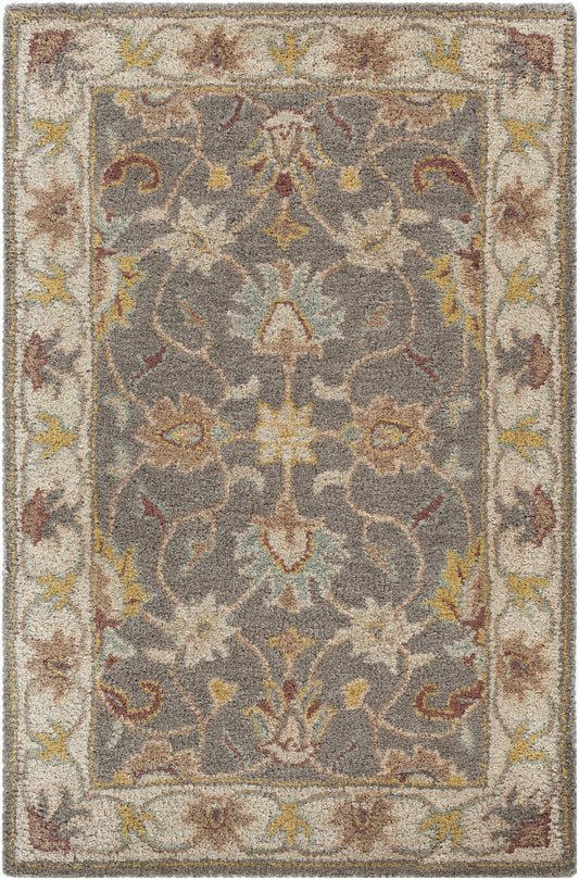 Cherryfield Hand Tufted Taupe Wool Rug with intricate floral patterns in shades of taupe, grey, and yellow, set against a plain background to highlight its design.
