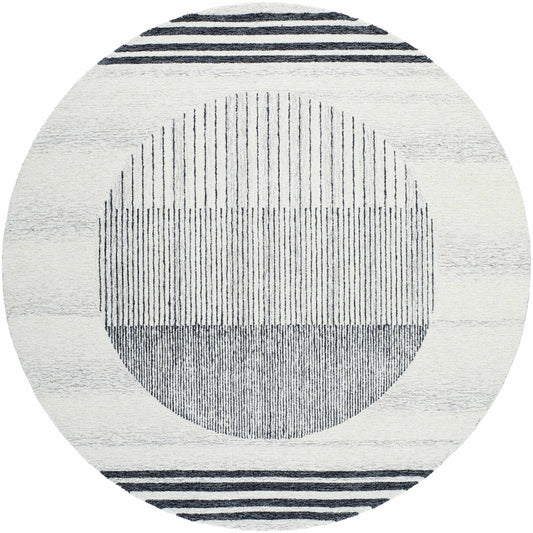 Circle-patterned rug with vertical black lines and white background. No setting present.
