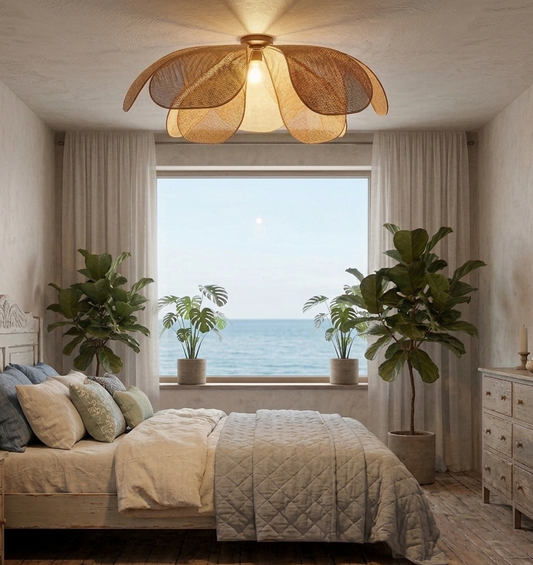 A wabi sabi bedroom with a blooming rattan flower petal pendant light, off-white walls, wooden floor, plants, ocean view, and a neutral color palette.