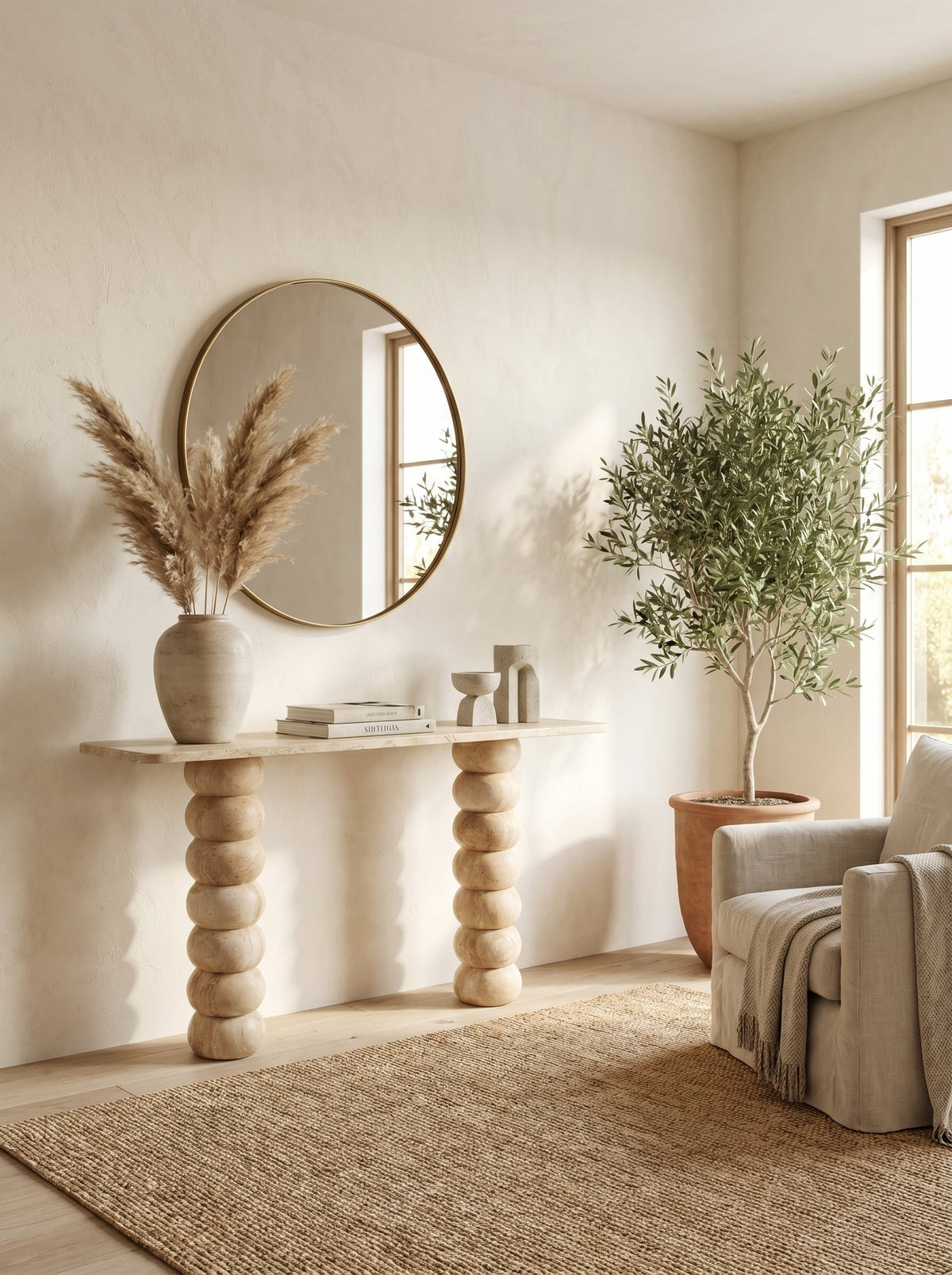 Light Travertine Natural Stone Designer Console Table - Premium Handcrafted Honed Finish — view 4