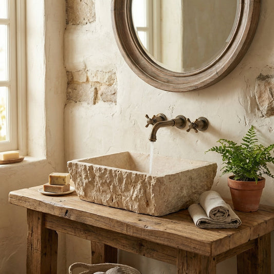 Rectangular travertine sink on wooden table with rustic mirror and plant in brown pot