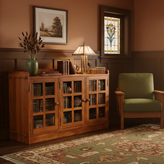 Mission Oak 3 door console with glass panels, cherry finish, placed in a room with wainscotting, displaying books and decorative items, with a green armchair nearby, framed artwork and a stained glass window on the wall.