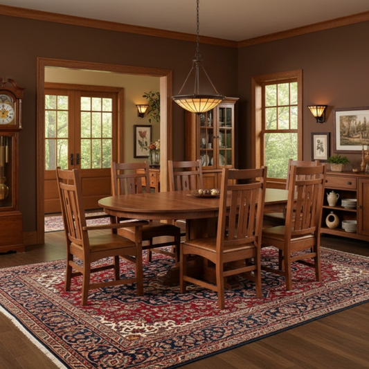 Mission Quarter Sawn Oak 2 Leaf Round Dining Table Set with 6 chairs on a patterned rug in a dining room with wooden floors and walls, and decorative wall sconces.