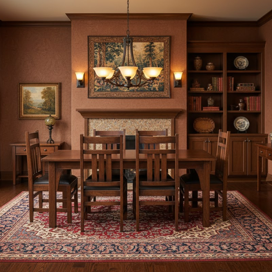 Mission 70" solid oak dining table set with 6 chairs in a room with a chandelier and rug. Brown finish, wooden material, red rug, no visible text or watermark.