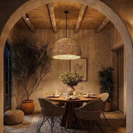 Upbeat rustic boho dining room with woven dome pendant light, round table, chairs, potted plants, natural light, and exposed wood beams in the ceiling.