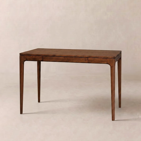 Rectangular wooden desk with two drawer, light brown finish, simple design.