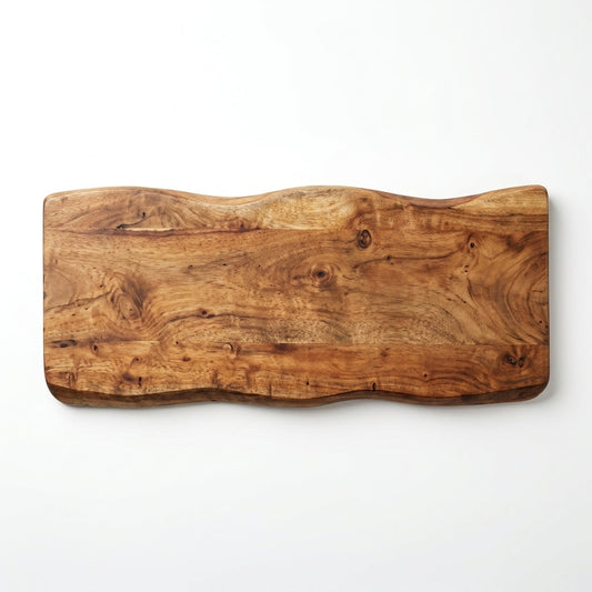 A natural wood platter with visible grain patterns, placed on a plain background, likely mango wood.