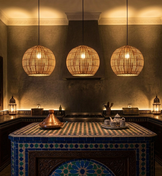 Handcrafted rattan globe pendant lights with glowing bulbs, set in a kitchen with tiled counter and ornate wall decorations.