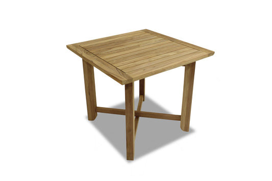 Zircon Folding Square Teak Table with natural finish and light beige color, shown in a studio setting with neutral background.