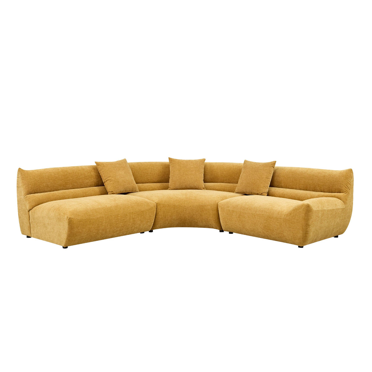 Curved sofa with three sections and cushions, covered in a textured yellow fabric。