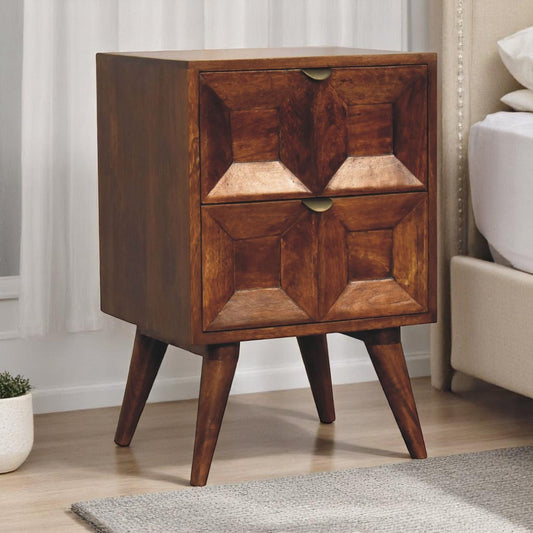 Brown wooden nightstand with geometric drawer fronts in a modern bedroom setting