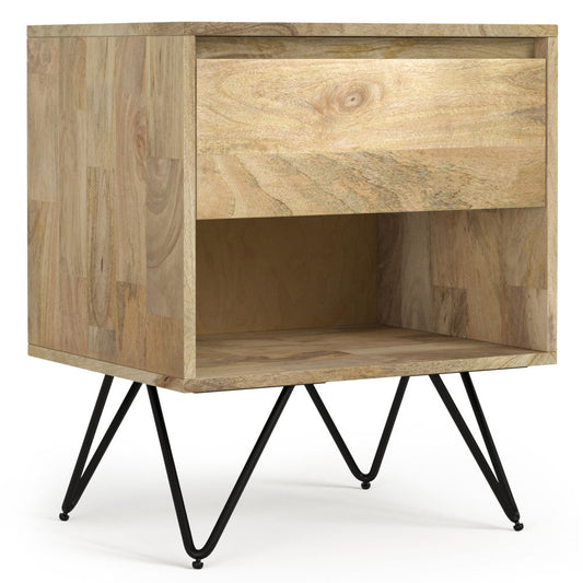 Solid mango wood nightstand with metal hairpin legs, light brown tone, modern minimalist design.