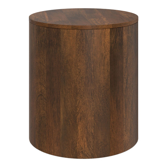A dark wood cylindrical side table with a natural finish and a slightly rough texture.