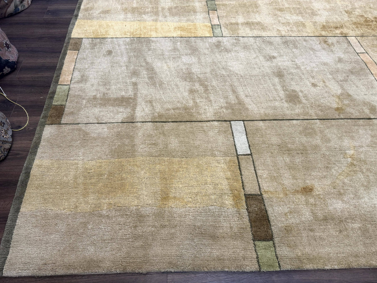 Vintage Wool Tibetan Rug Hand-Knotted Block Field, beige and soft yellow, view 9
