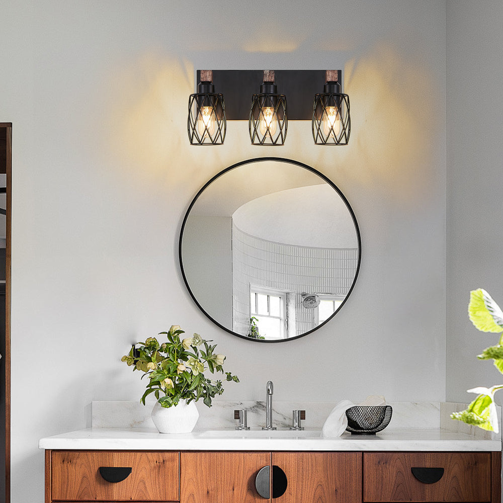 Industrial Wood Accented Cage Wall Sconce
