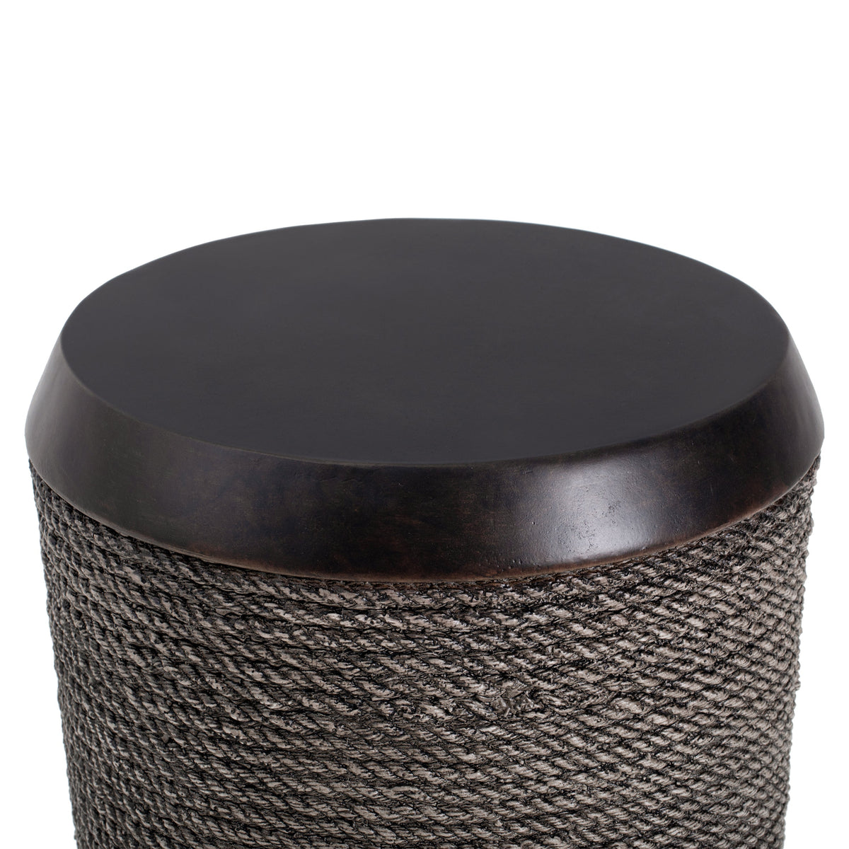 Dark brown braided cord side table with textured surface and smooth dark wood top.
