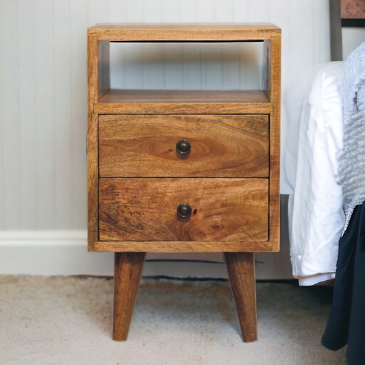 Wooden nightstand with two drawers and a shelf, light brown finish, small bedroom setting