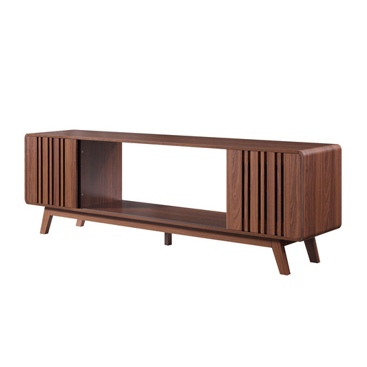 A mid-century modern wooden TV stand with open shelf and angled legs against a plain background.