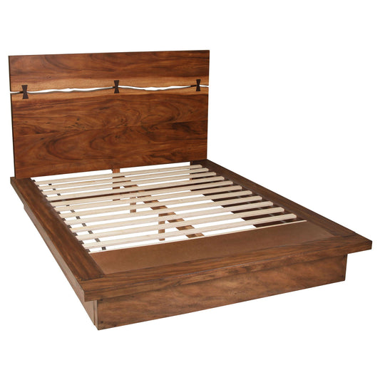 Winslow Wood Queen Panel Bed Smokey Walnut and Coffee Bean with a dark brown wooden structure and slatted base, set against a white background.