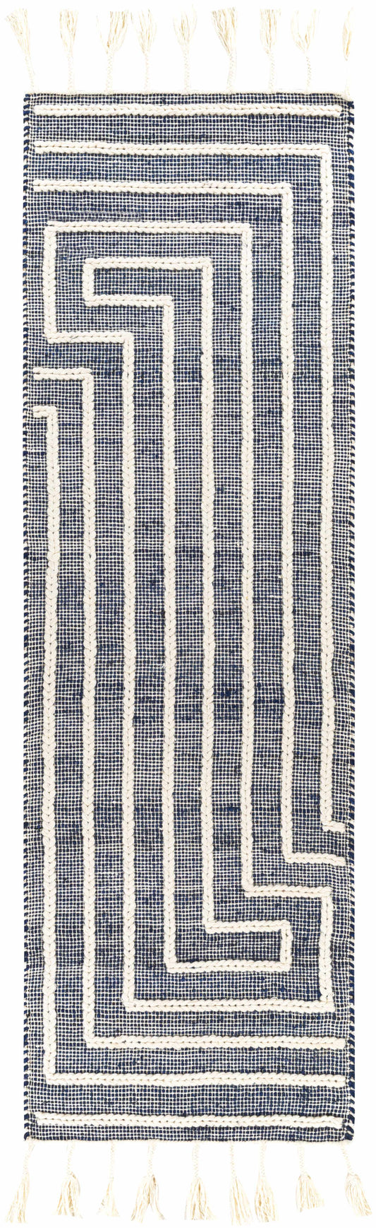 Navy blue and white geometric patterned tasseled rug