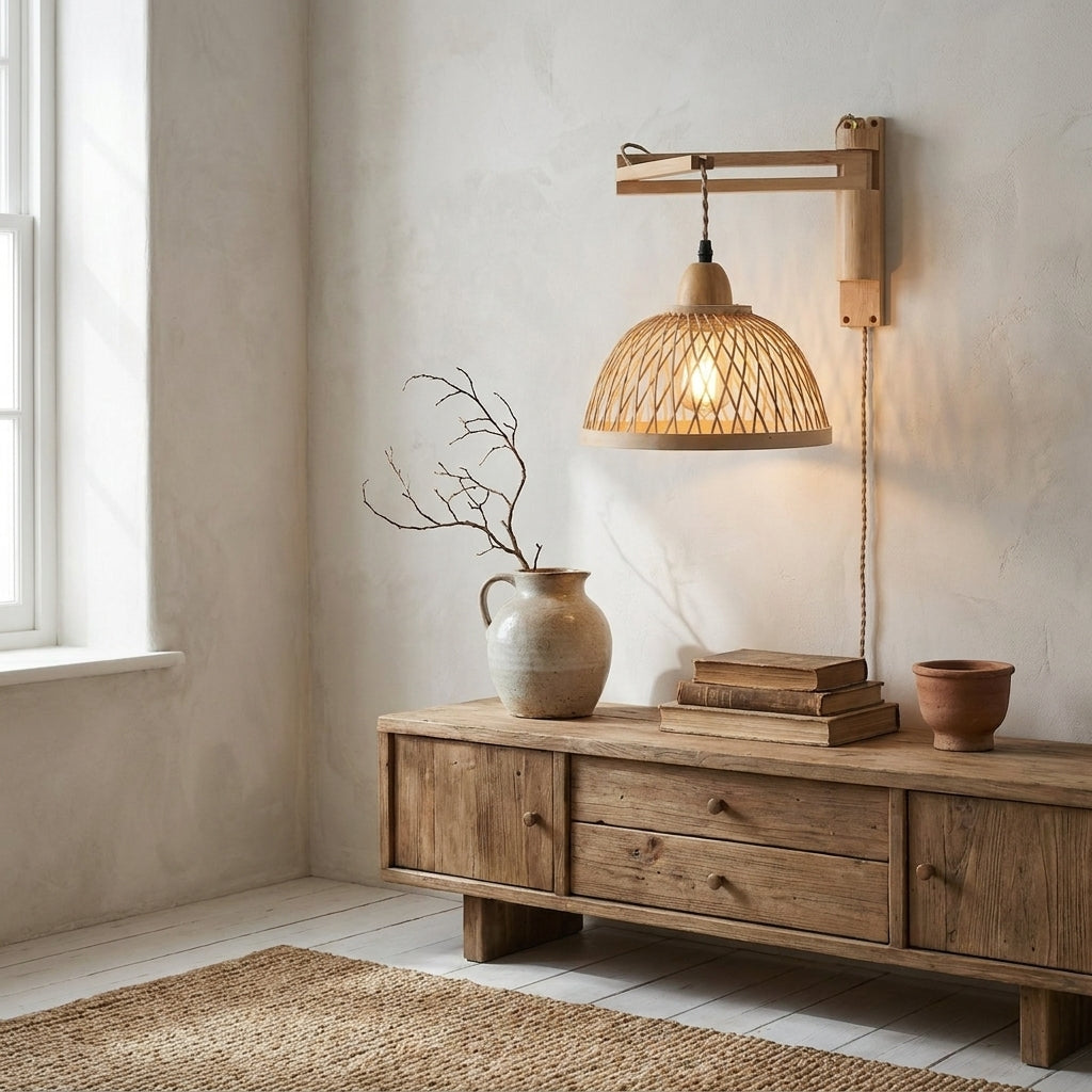 Adjustable Wooden Swing Arm Wall Lamp with Woven Bamboo Shade