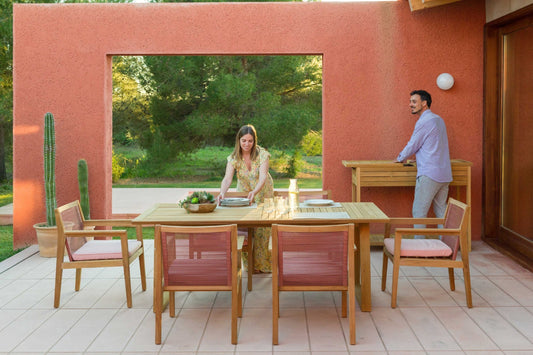 Agate rectangular teak dining table with slatted top, supplier photo (chairs shown not included)
