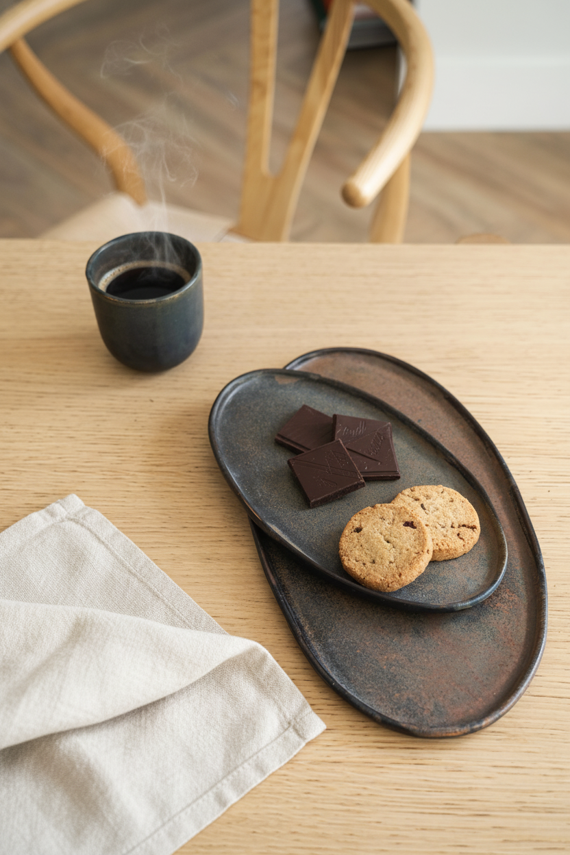 Rust matte stoneware serving platter with baked goods and a cup of coffee on a wooden table.