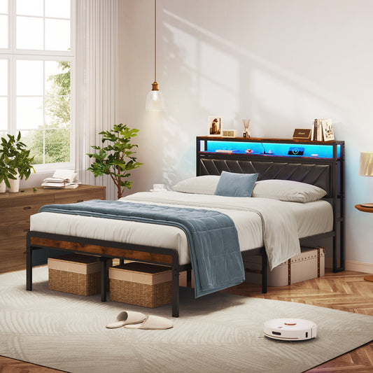 Metal platform bed, upholstered headboard with blue light, light grey bedding, baskets, plants, wall decor, hardwood floor, open window, slippers, light brown robot vacuum, beige rug
