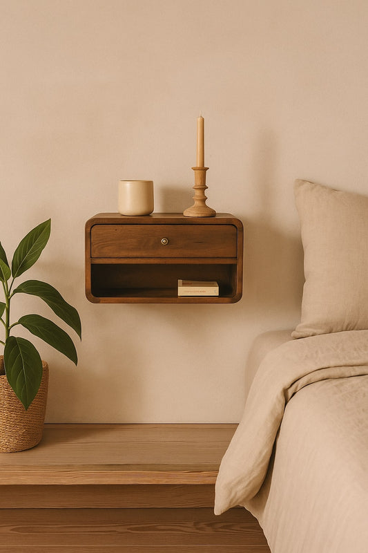 Solid wood curve floating bedside table with 1 drawer and 1 open slot, finished in chestnut.