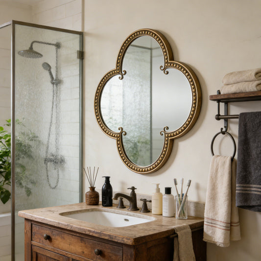 Quatrefoil mirror with large beaded metal frame hanging in a bathroom with a rustic cabinet, towels, and a shower in the background.