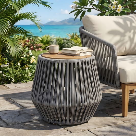 Acacia Wood Side Table with Grey Rope Design placed outdoors, accompanied by a book and coffee mug on a table next to a chair with white cushions against a scenic backdrop of plants and the sea.