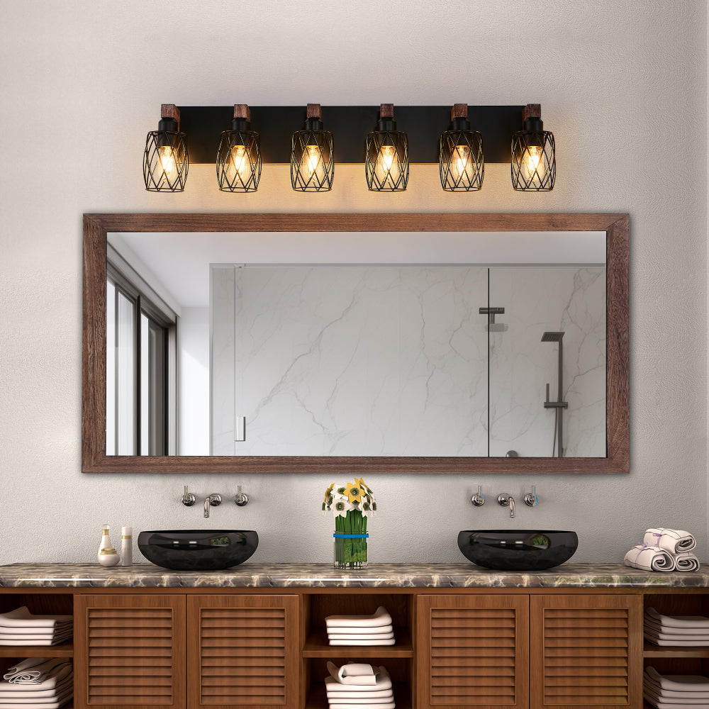 Industrial Wood Accented Cage Wall Sconce
