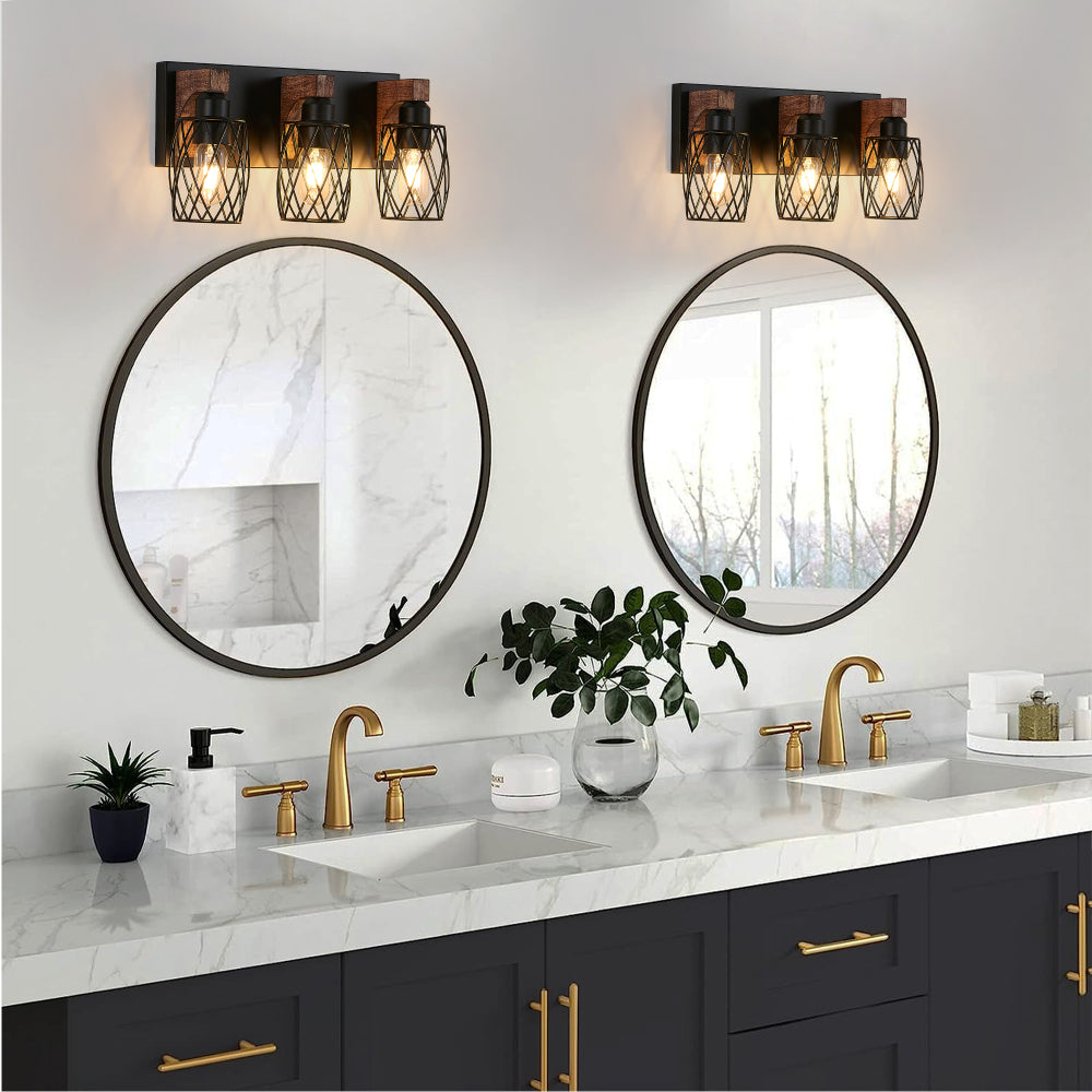Industrial Wood Accented Cage Wall Sconce