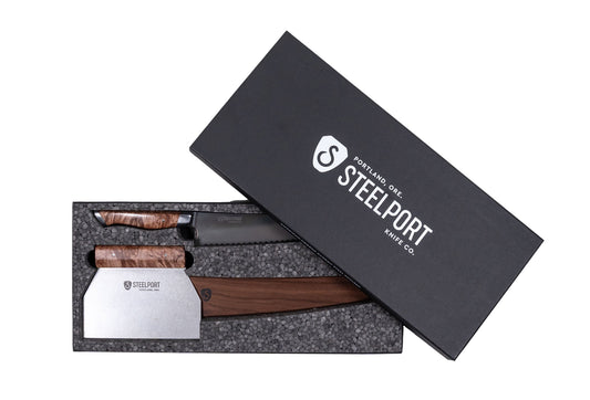 3-Piece Knife Set in dark grey box with 'Steelport Knife Co.' branding, wooden handles, metal blades, metallic finish