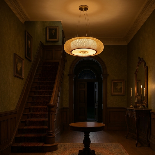 Japandi Rattan Pendant Light in a hallway with dark wood staircase and green walls