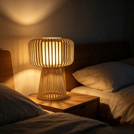 Handcrafted bamboo table lamp with slatted woven design, casting warm light on a bed against a neutral background.