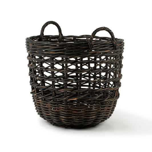 Rattan round black weaved basket with handles