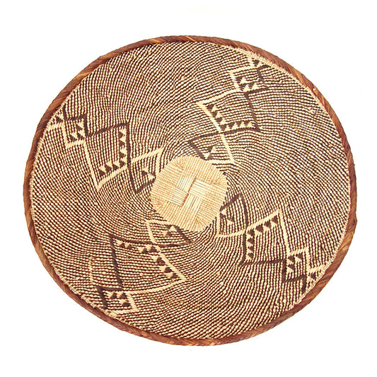 A large wicker basket with geometric patterns, displayed against a white background.