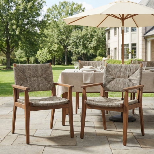 Two wooden dining chairs with woven seats under a white umbrella and table set for dining in a garden with a stone patio.