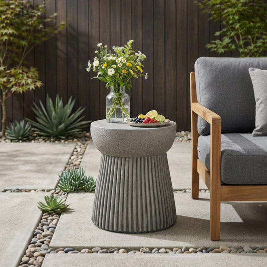 Outdoor Lightweight Concrete Side Table – Light Gray Hourglass Accent